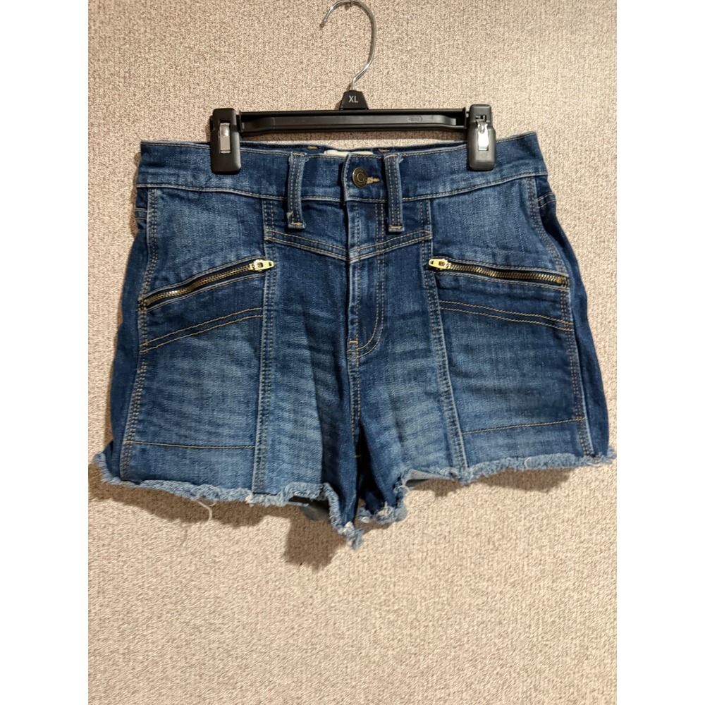 Jordache Vintage Womens High Rise Denim Shorts‎ Blue Zipper Pocket Raw Hem Sz 26